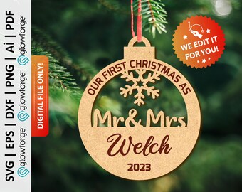 Personalized Our First Christmas Ornament Svg, Mr & Mrs Ornament Dxf, Couple Xmas Ornaments Dxf, Glowforge Svg, Laser Cut File - PD0377