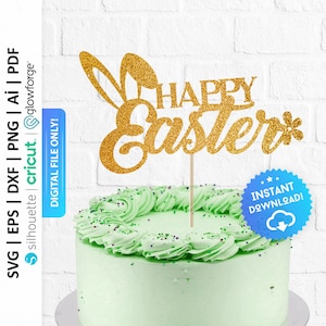 May include: Gold glitter cake topper with the words "Happy Easter" and bunny ears. The topper is on a green frosted cake with colorful sprinkles.