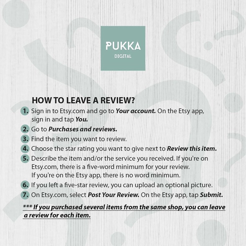 May include: A white and green illustrated guide with the text "HOW TO LEAVE A REVIEW?" and numbered steps on how to leave a review on Etsy.com.