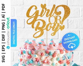 May include: Gold glitter cake topper with the text "Girl or Boy?" on a pink and blue frosted cake with sprinkles.