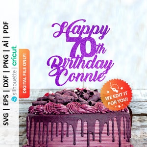 May include: Purple glitter cake topper with the text "Happy 70th Birthday Connie".