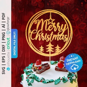 May include: Gold glitter cake topper with the words "Merry Christmas" in a circle with three small trees at the bottom. The topper is on a white cake decorated with green holly.