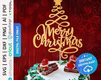 Merry Christmas Tree Cake Topper Svg, Holiday Decor : Digital Download - PD0485