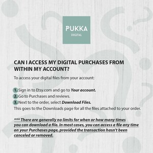 May include: A white background with a green box that says "PUKKA DIGITAL" in black text. The text "CAN I ACCESS MY DIGITAL PURCHASES FROM WITHIN MY ACCOUNT?" is in black text. The text "To access your digital files from your account:" is in black text. A numbered list with three steps on how to access digital purchases on Etsy.com. The text "*** There are generally no limits for when or how many times you can download a file. In most cases, you can access a file any time on your Purchases page, provided the transaction hasn't been canceled or removed." is in black text.