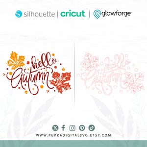 May include: A digital design featuring the text "hello autumn" in red cursive script with orange and red maple leaves. The design is shown in both a filled and outline version.