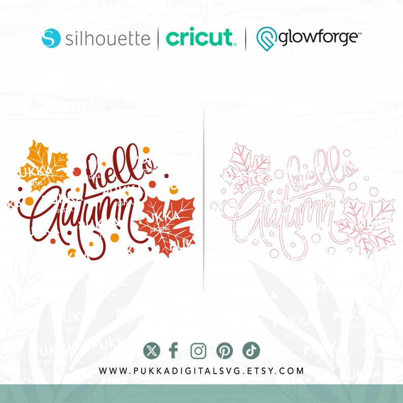May include: A digital design featuring the text "hello autumn" in red cursive script with orange and red maple leaves. The design is shown in both a filled and outline version.