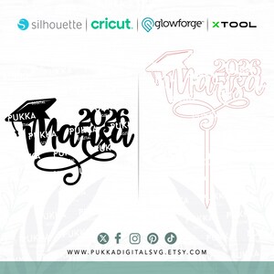 May include: Black graduation cake topper with the name "Marisa" and the year "2026". The design includes a graduation cap and a decorative script. The image also shows a cut-out version of the same design.