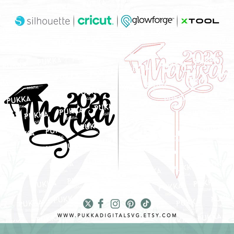 May include: Black graduation cake topper with the name "Marisa" and the year "2026". The design includes a graduation cap and a decorative script. The image also shows a cut-out version of the same design.