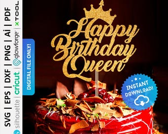 Grattis på födelsedagen drottning tårtdekoration Svg, tröjdesign Svg, födelsedagsdrottning Png, digital tårtdekoration krona Svg, kvinna födelsedag Svg - PD0095