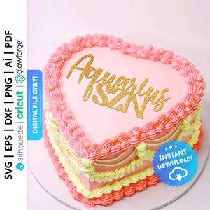 Aquarius SZN Cake Topper Svg, Vintage Heart Cake Topper Svg, Aquarius SZN Png, Heart Cake Charm, Zodiac Cake Topper Svg - PD0590