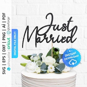 ジャスト マリード フラット ケーキ トッパー SVG、ジャスト マリード ケーキ チャーム SVG、ヴィンテージ ケーキ トッパー、ウェディング ケーキ トッパー SVG、ミスター アンド ミセス トッパー - PD0604