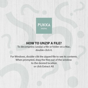 May include: A white background with a light gray wood grain texture. The text "PUKKA DIGITAL" is in a black box in the center of the image. The text "HOW TO UNZIP A FILE?" is in black text below the box. The text below that explains how to unzip a file on a Mac and Windows.