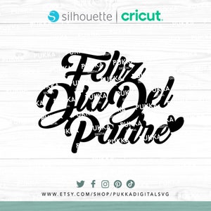 May include: Black and white graphic design with the text "Feliz Dia Del Padre" in a stylized font. The text is surrounded by smaller versions of the text, creating a layered effect. A small heart is included to the right of the text.