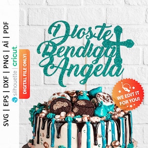 May include: Teal glitter cake topper with the text "Dioste Bendiga Angela" and a cross. The topper is on top of a cake decorated with blue and brown frosting, chocolate chips, and white sprinkles.