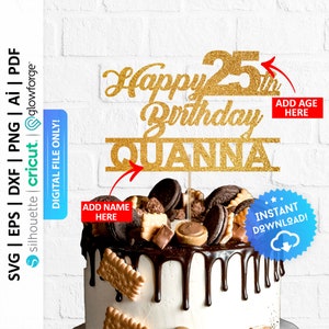 Topo de bolo personalizado Svg, Topo de bolo de feliz aniversário Svg, Topo de bolo personalizado com qualquer nome - Idade, Arquivo de corte para Cricut e Silhouette - PD0158