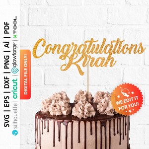 Op de afbeelding: Een taart met chocolade glazuur en een gouden glitter taarttopper met de tekst "Gefeliciteerd Kirah". De taart heeft chocoladedruppels en is bedekt met swirls van glazuur. Een digitale bestand is beschikbaar.