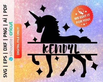 May include: Black silhouette of a unicorn with a horn and a star above its head. The unicorn is standing on a banner with the name "KENDYL" written on it. The background is a sparkly, rainbow-colored design.