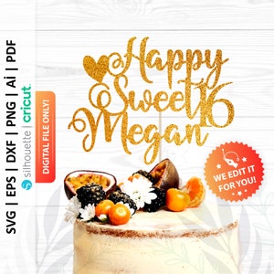 K&ouml;nnte beinhalten: Ein goldener Glitzer-Kuchenaufsatz "Happy Sweet 16 Megan" mit Herzdesign. Der Kuchen ist mit Passionsfr&uuml;chten, Brombeeren und Blumen dekoriert. Eine digitale Datei ist verf&uuml;gbar.
