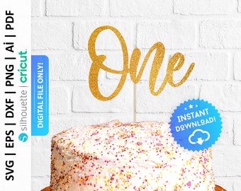 May include: Gold glitter cake topper with the word "One" in a cursive font. The topper is on top of a frosted cake with colorful sprinkles.