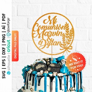 May include: Gold glitter cake topper with the text "Mi Comunione Marvin Dylan" and wheat stalks. The topper is in the shape of a circle.