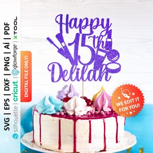 Makeup Cake Topper Svg, Personalized Happy Birthday Cake Topper Svg, Cosmetics Cake Topper, Custom Name Age Cake Topper Svg - PD0373