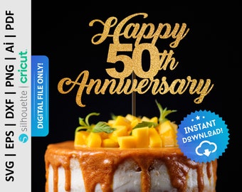 Topo de bolo de feliz 50º aniversário Svg, 50 anos de aniversário Svg, Topo de bolo de casamento, Arquivo Svg para Cricut, Download instantâneo - PD0547
