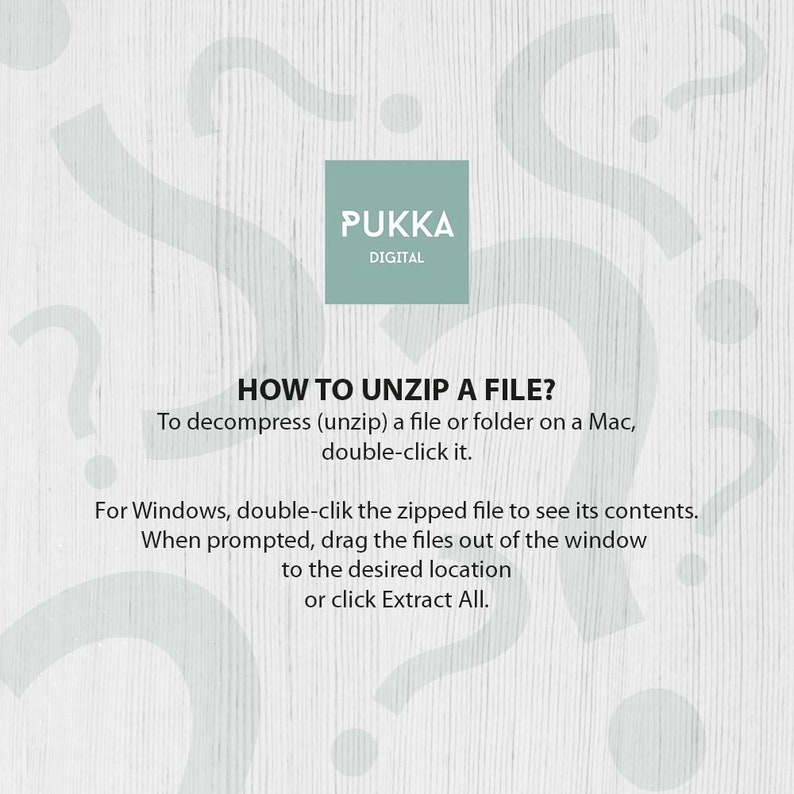Pode incluir: Um fundo branco com um padr&atilde;o de gr&atilde;o de madeira cinza claro. O texto "PUKKA DIGITAL" est&aacute; em uma caixa preta no centro da imagem. O texto "HOW TO UNZIP A FILE?" est&aacute; em texto preto na parte superior da imagem. O texto abaixo explica como descompactar um arquivo em um Mac e Windows.
