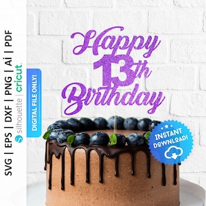 May include: Purple glitter cake topper with the text "Happy 13th Birthday". The topper is on top of a chocolate cake with blueberries and chocolate drizzle.