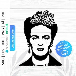 May include: A black and white silhouette of a woman with a floral headpiece and earrings. The image includes the text "SVG | EPS | DXF | PNG | Ai | PDF" and "DIGITAL FILE ONLY!" and "INSTANT DOWNLOAD!" in a blue badge.
