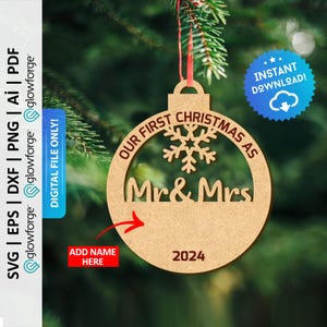 Our First Christmas Ornament Svg, Mr & Mrs Ornament Dxf, Couple Xmas Ornaments Dxf, Glowforge Svg, Laser Cut File, Instant Download - PD0325