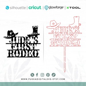 May include: Black and white silhouette of a cowboy hat, boots, and the text "Jude's First Rodeo". A red outline of the same design is shown on the right side of the image.