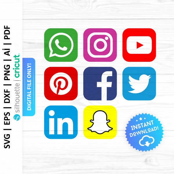 Social Media Icons Svg, Social Network Icons, Whatsapp, Instagram, YouTube, Pinterest, Facebook, Snapchat, LinkedIn, Twitter Logo - PD0143