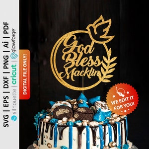 May include: Gold glitter cake topper with a circle design and the text "God Bless Macklin" with a dove and leaves. The topper is on top of a cake with blue and white frosting.