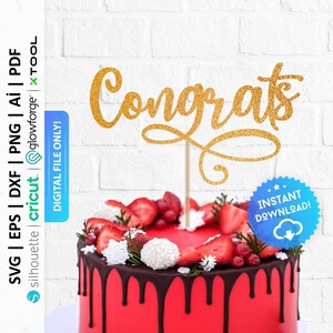 May include: Gold glitter cake topper with the word "Congrats" in a cursive font. The topper is on a red cake with chocolate frosting and strawberries.