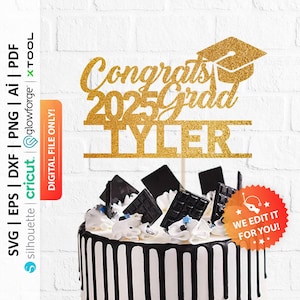 May include: Gold glitter cake topper with the text "Congrats 2025 Grad Tyler" and a graduation cap. The topper is on a black and white cake.