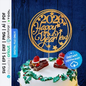 ハッピーニューイヤー2026ケーキトッパーSVG、Hnyサインデコレーション：デジタルダウンロード - PD0475