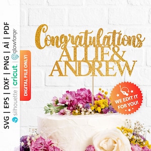 Op de afbeelding: Gouden glittertaarttopper met de tekst "Congratulations Allie & Andrew".