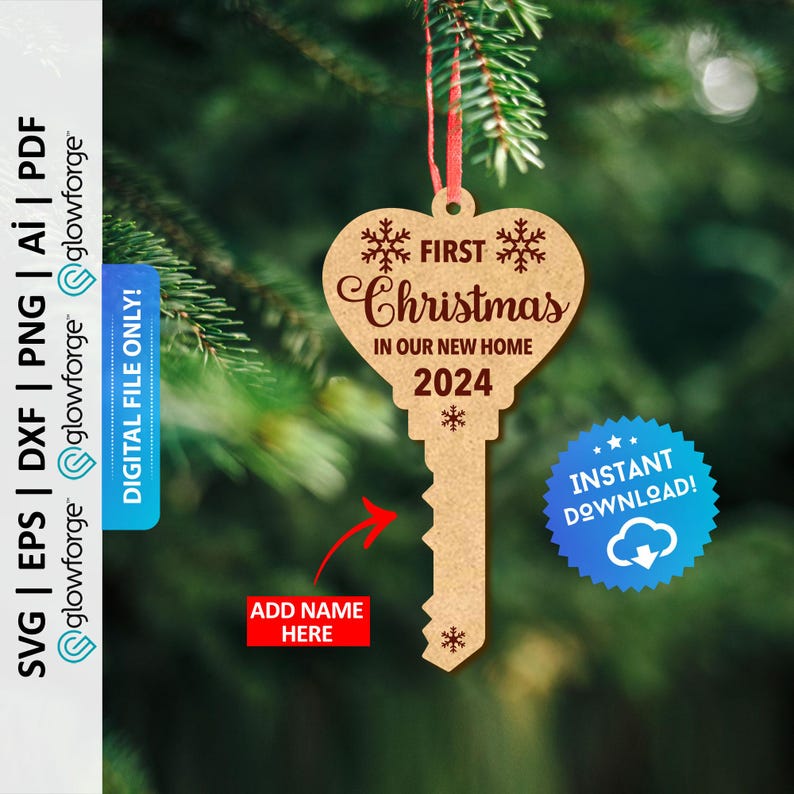 May include: A wooden key-shaped Christmas ornament with the text "First Christmas in our new home 2024" and snowflakes. The ornament is brown with red text and snowflakes. The ornament is hanging from a red ribbon on a green Christmas tree.