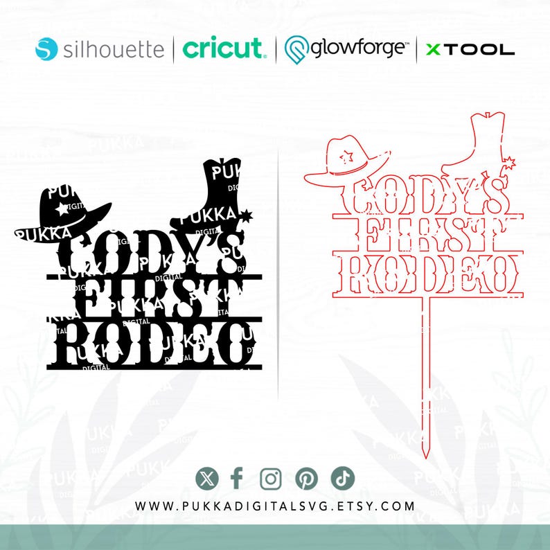 May include: Black and white silhouette design of a cowboy hat, boot, and the text "Cody's First Rodeo".