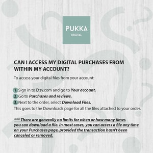 May include: A white text graphic on a light gray background with the text "PUKKA DIGITAL" at the top. The text below reads "CAN I ACCESS MY DIGITAL PURCHASES FROM WITHIN MY ACCOUNT?" and provides instructions on how to access digital purchases from an Etsy account.