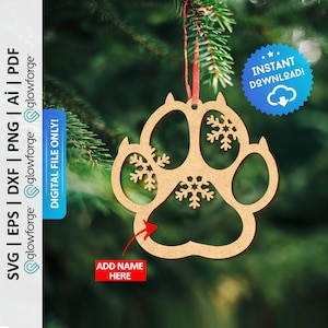 Cat Paw Christmas Ornament Svg, Cat Paw Ornament Laser Cut File, Cat Custom Name Christmas Decor, Glowforge Dxf - PD0505