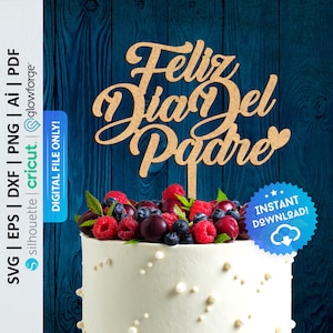 May include: A cake topper with the words "Feliz Dia Del Padre" in a brown wood-like finish. The topper is on a white cake decorated with white dots and topped with fresh berries.