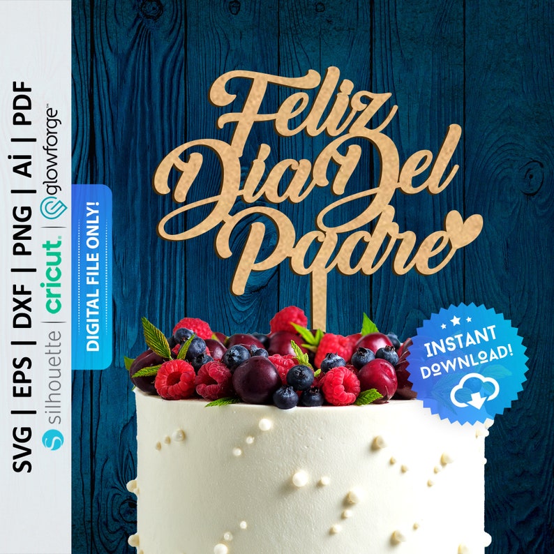 May include: A cake topper with the words "Feliz Dia Del Padre" in a brown wood-like finish. The topper is on a white cake decorated with white dots and topped with fresh berries.
