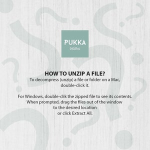 Puede incluir: Un fondo blanco con un patr&oacute;n de veta de madera gris claro. El texto "PUKKA DIGITAL" est&aacute; en un cuadro negro en el centro de la imagen. El texto "HOW TO UNZIP A FILE?" est&aacute; en texto negro en la parte superior de la imagen. El texto a continuaci&oacute;n explica c&oacute;mo descomprimir un archivo en una Mac y Windows.