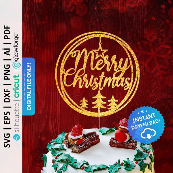 Merry Christmas Cake Topper Svg, Merry Xmas Cake Topper Png, Circle Ceke Topper, Christmas Ornaments Cut File, Holiday Cake Topper - PD0476