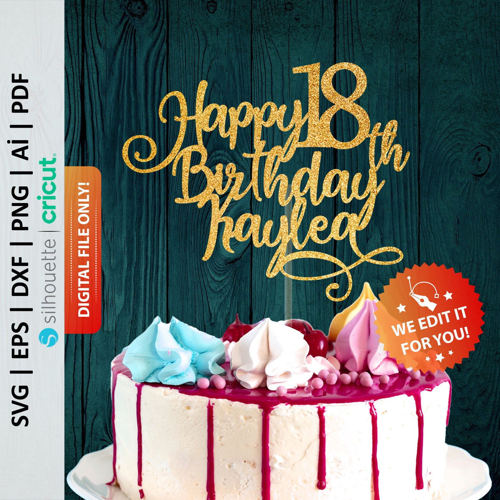 Happy 18th Birthday Custom Name Cake Topper Svg Eighteenth - Etsy