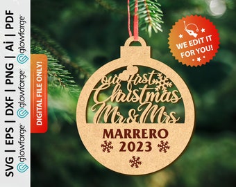 Personalized Our First Christmas Ornament Svg, Mr & Mrs Ornament Svg, Couple Xmas Ornaments, Glowforge Svg, Laser Cut File - PD0417