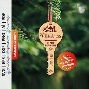 Personalized Key Ornament Svg, First Christmas in Our New Home Ornament Svg, Christmas Key Ornament Dxf, House Key Ornament Svg - PD0379