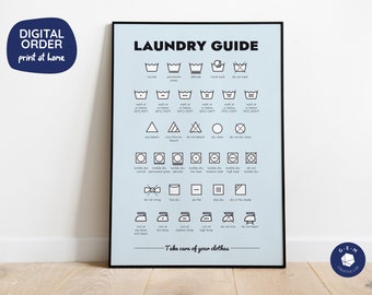 Laundry Guide Printable Poster - Light Blue Background - Digital Download