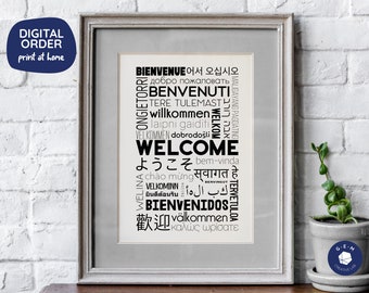 Welcome in Different Languages Póster imprimible - Negro - Descarga digital